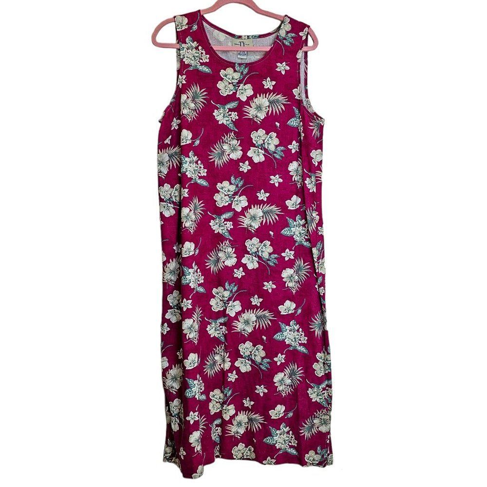 Vintage Original TY Wear Linen Blend Red Tropical Maxi Dress Size 14